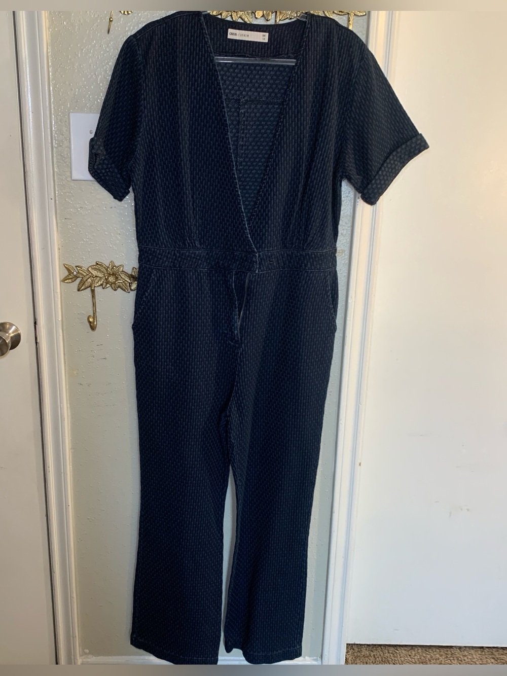 ASOS Denim Navy Textured Wrap-Front Jumpsuit Size 8